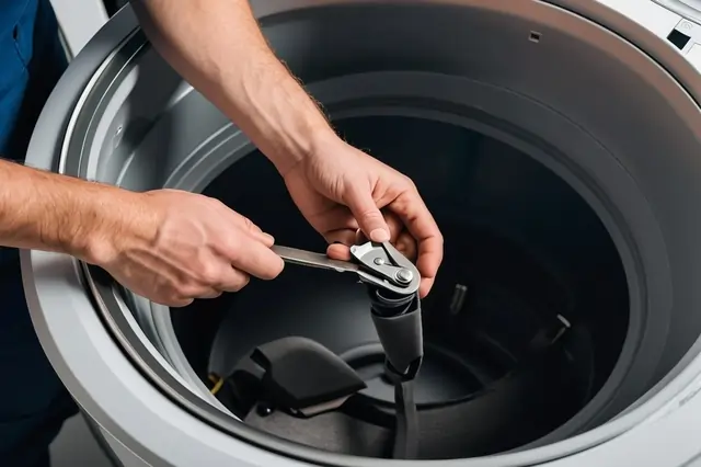 Split image showing the process of replacing a worn-out washing machine belt on the left, and a newly installed belt on the right, with an arrow indicating the transition