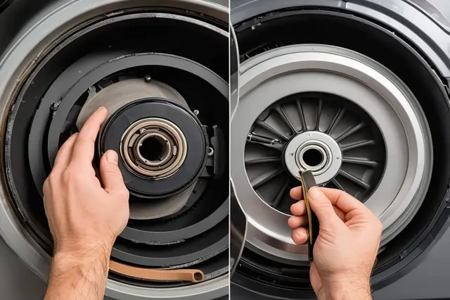 Split image showing a damaged washing machine drive belt on the left, and a new, properly installed drive belt on the right, with an arrow indicating the transition