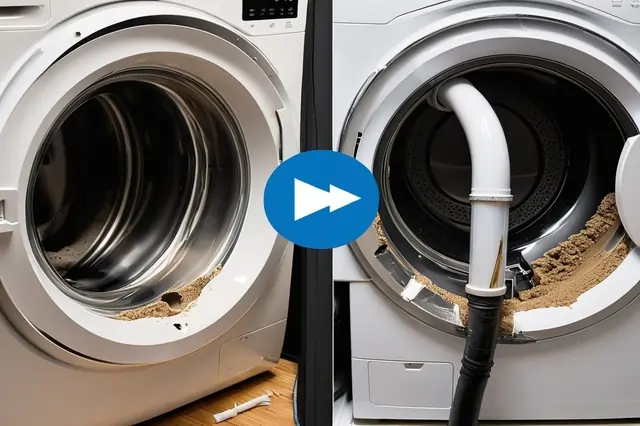 Split image showing a damaged washing machine pipe on the left, with cracks or leaks, and a new, properly installed pipe on the right, with an arrow indicating the repair process.