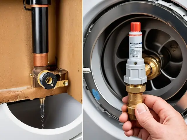 Split image showing a faulty water inlet valve on the left, showing signs of damage, and a new, properly installed valve on the right, with an arrow showing the repair process.