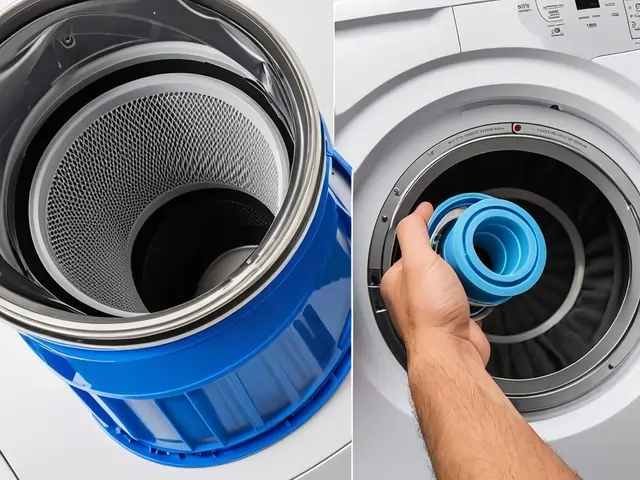 Split image showing the removal of a dirty, clogged washing machine filter on the left, and a clean, new filter being installed on the right