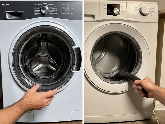 A split image showing a damaged and leaking washing machine hose on the left, and a new, properly installed hose on the right side, with an arrow indicating the replacement.