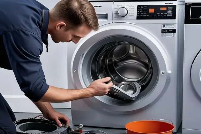 Split image of a washing machine bearing replacement, showing a damaged bearing on the left with visible signs of wear, and a new bearing properly installed on the right.