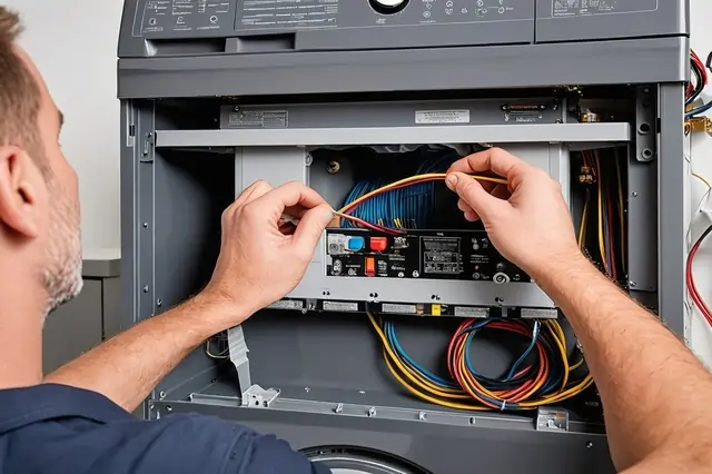 Split image showing the removal of a damaged washing machine control box on the left, and the installation of a new, functioning control box on the right.