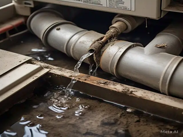 Air conditioner with a clogged drain line causing water backup and leakage inside the unit. Blocked drainage pipe visible with water pooling.