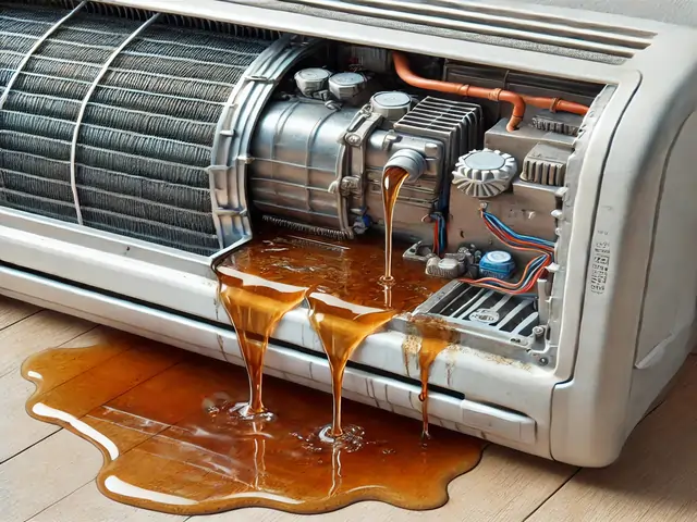 Air conditioner with a faulty drain pan showing cracks or rust, leading to water leakage inside the unit. Visible water dripping from the damaged pan.