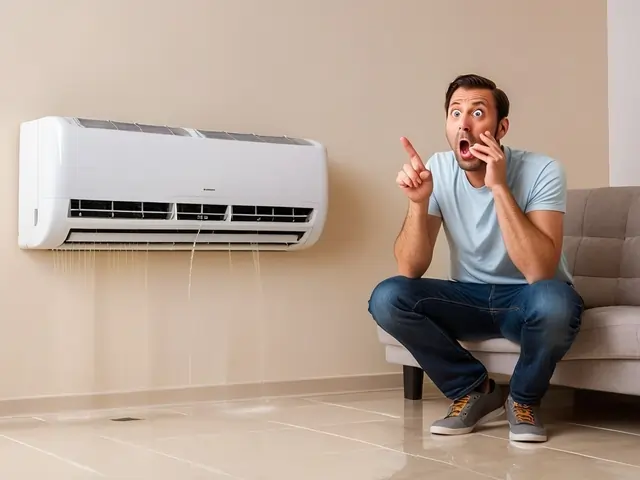 Air conditioner leaking water with visible water droplets dripping from the unit, causing concern for home maintenance.